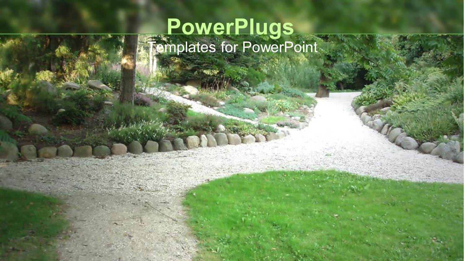 Park Garden Pathway with Grass, Gravel, Shrubs, Trees