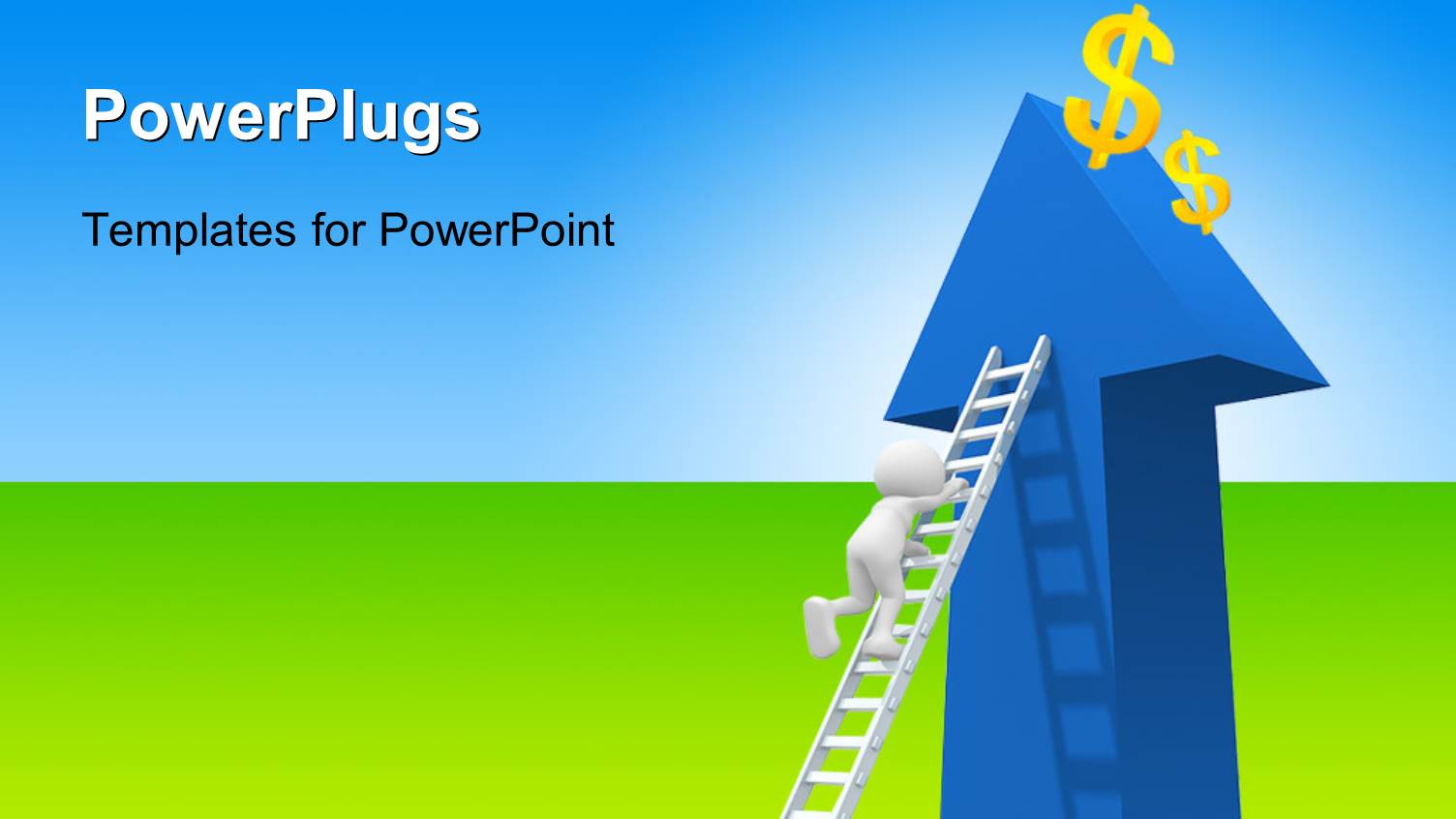 3D Man Climbing Ladder to Dollar Symbol on Blue Arrow