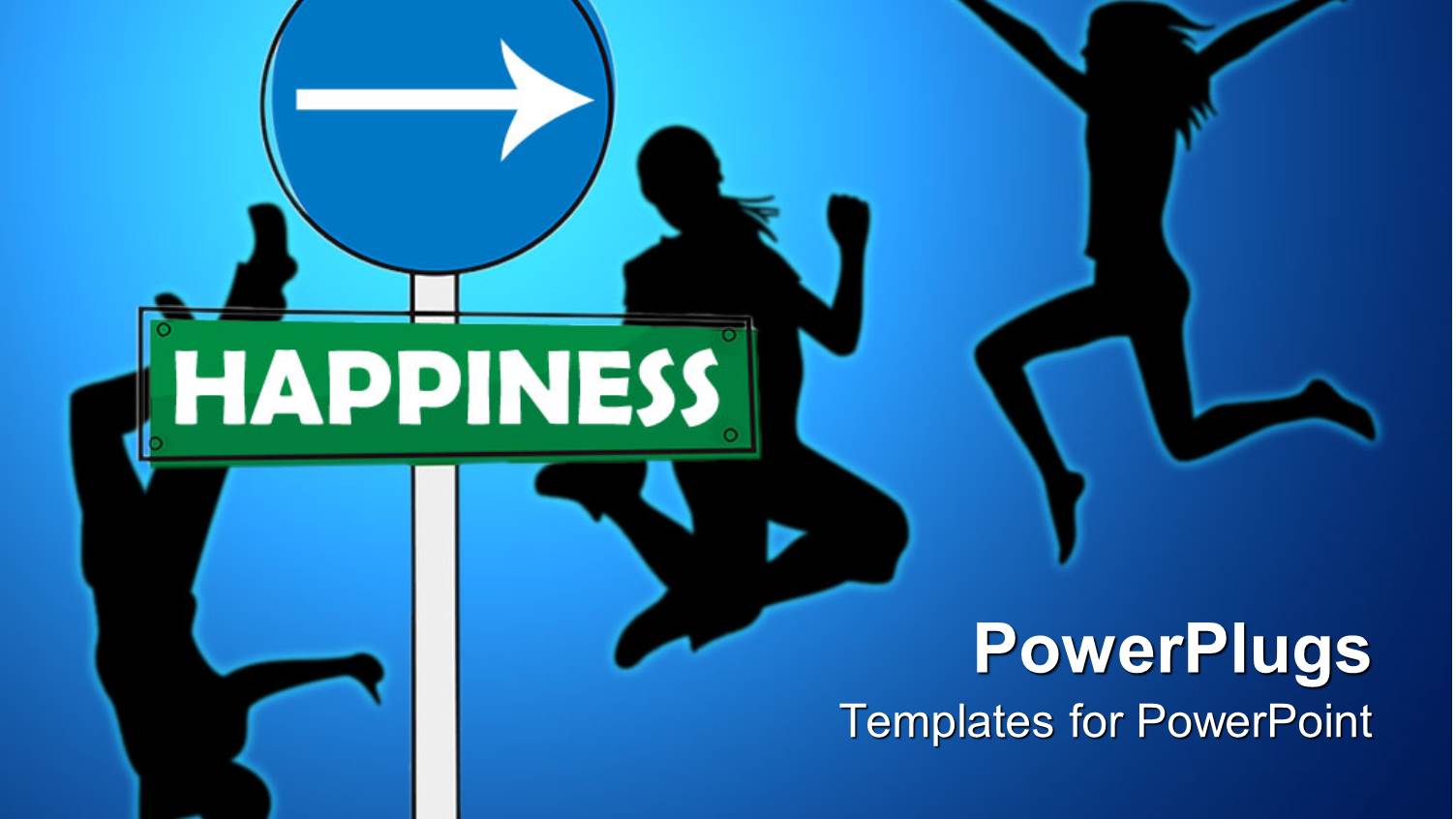 People Jumping Next to Road Sign Written Happiness in Blue Background