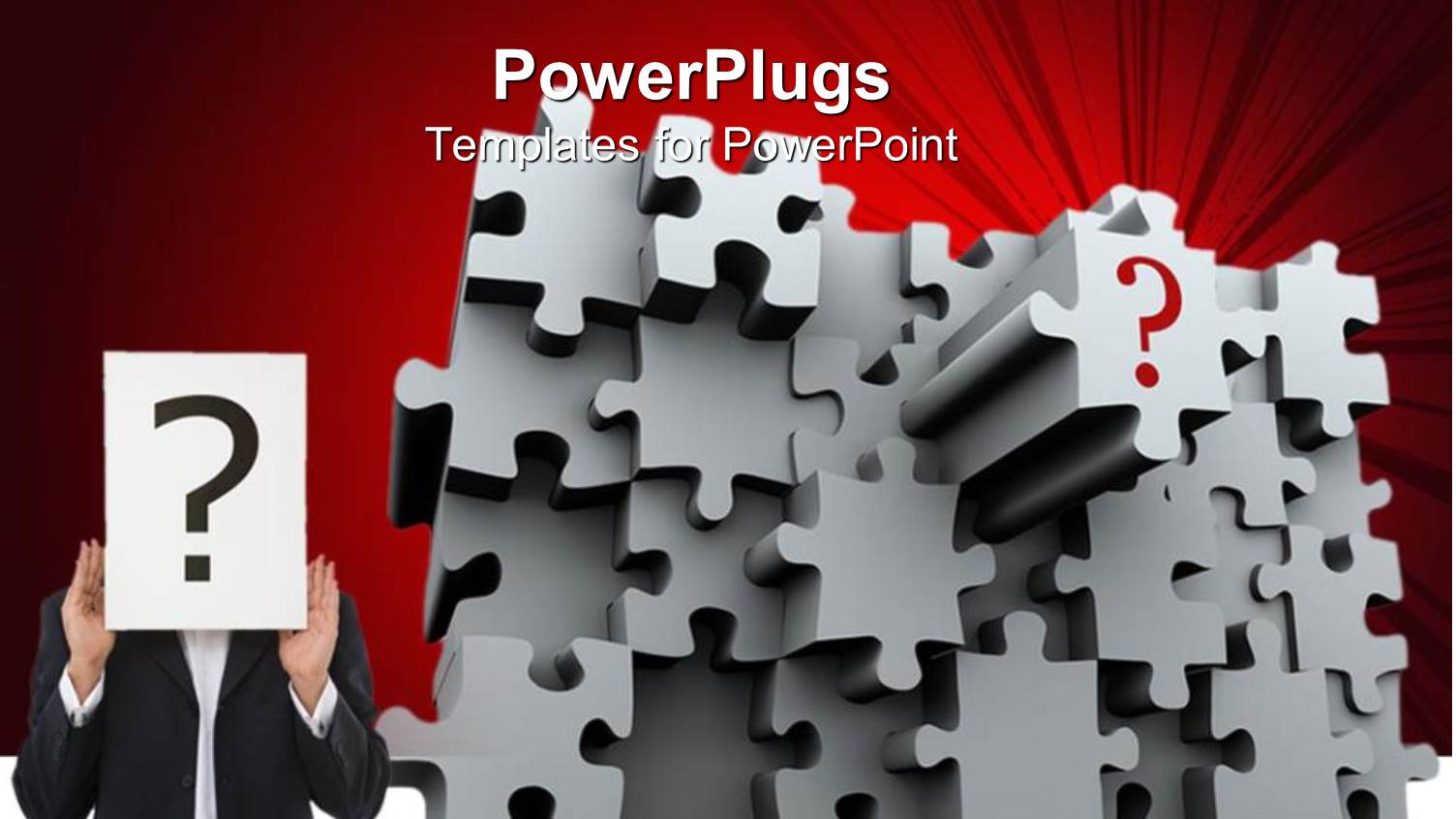 Person in Business Suit Holding Question Mark Sign Next to Jigsaw Puzzle Wall