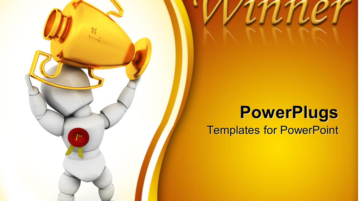 Person with First Place Badge and Lifting First Place Trophy