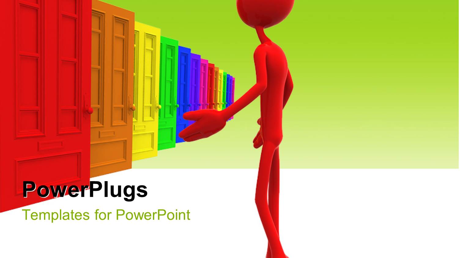 a Person with a Number of Doors and Greenish Background