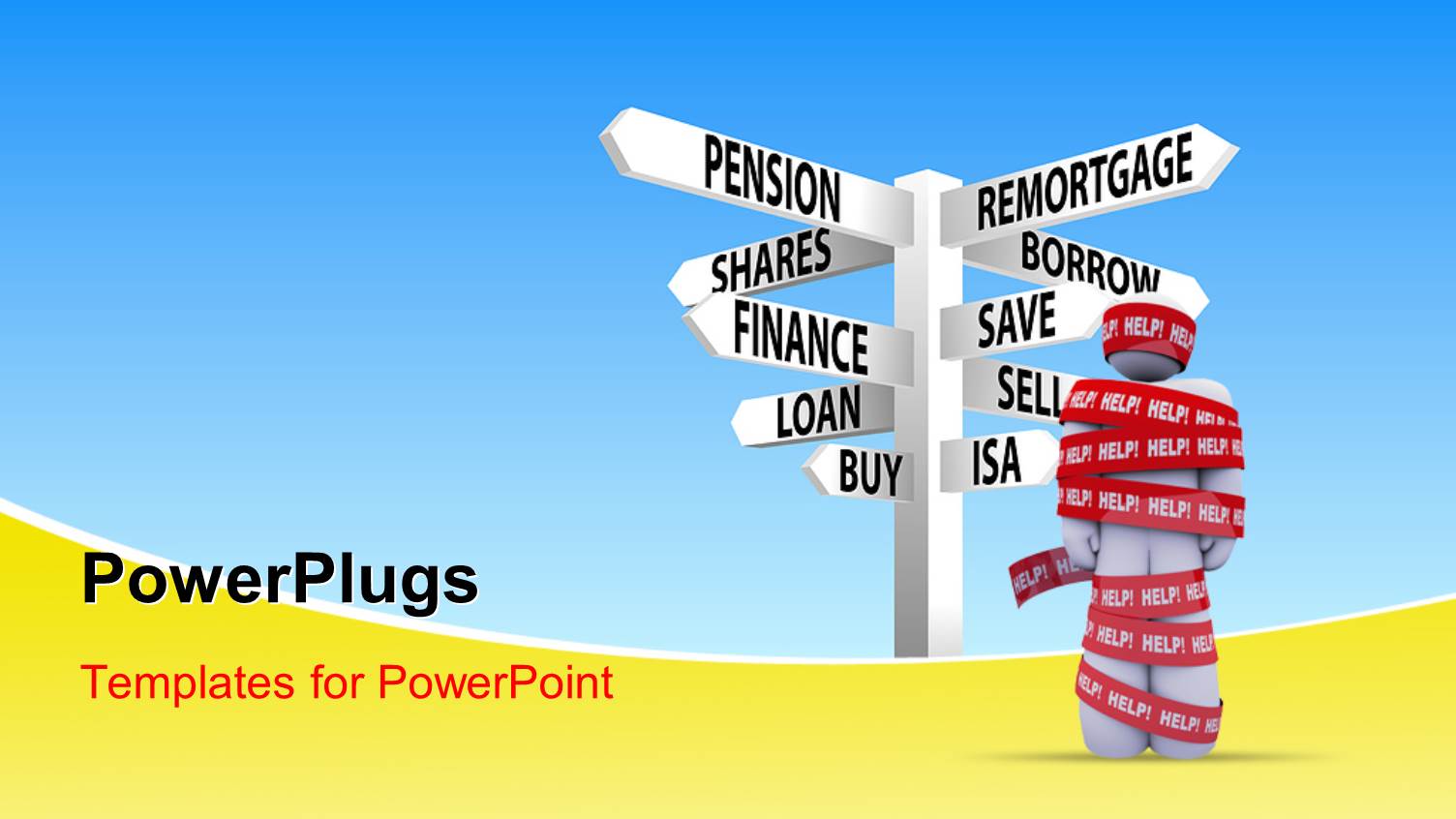 Person Wrapped in Red Tape Marked Help, Getting Caught in a Problem Needing Rescue to be Freed with Sign Post