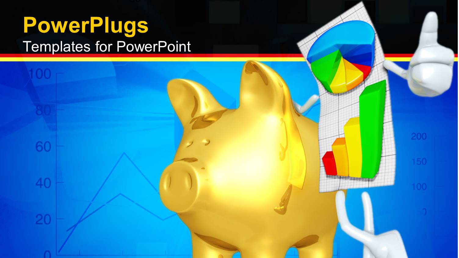Personified Graph Paper with Multicolored Graphs Gives Thumbs Up Next to Golden Piggy Bank