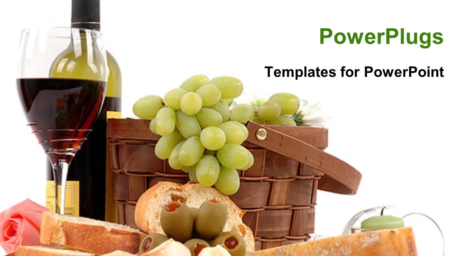 Picnic Basket with Grapes Bottle of Wine Glass of Red Wine, Cheese Slices, Bread Slice, Apple, Candle and Rose