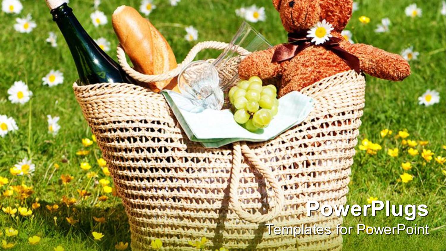 Picnic Basket with Teddy Bear, Bread, Wine, Glasses, Grapes in Meadow with Flowers