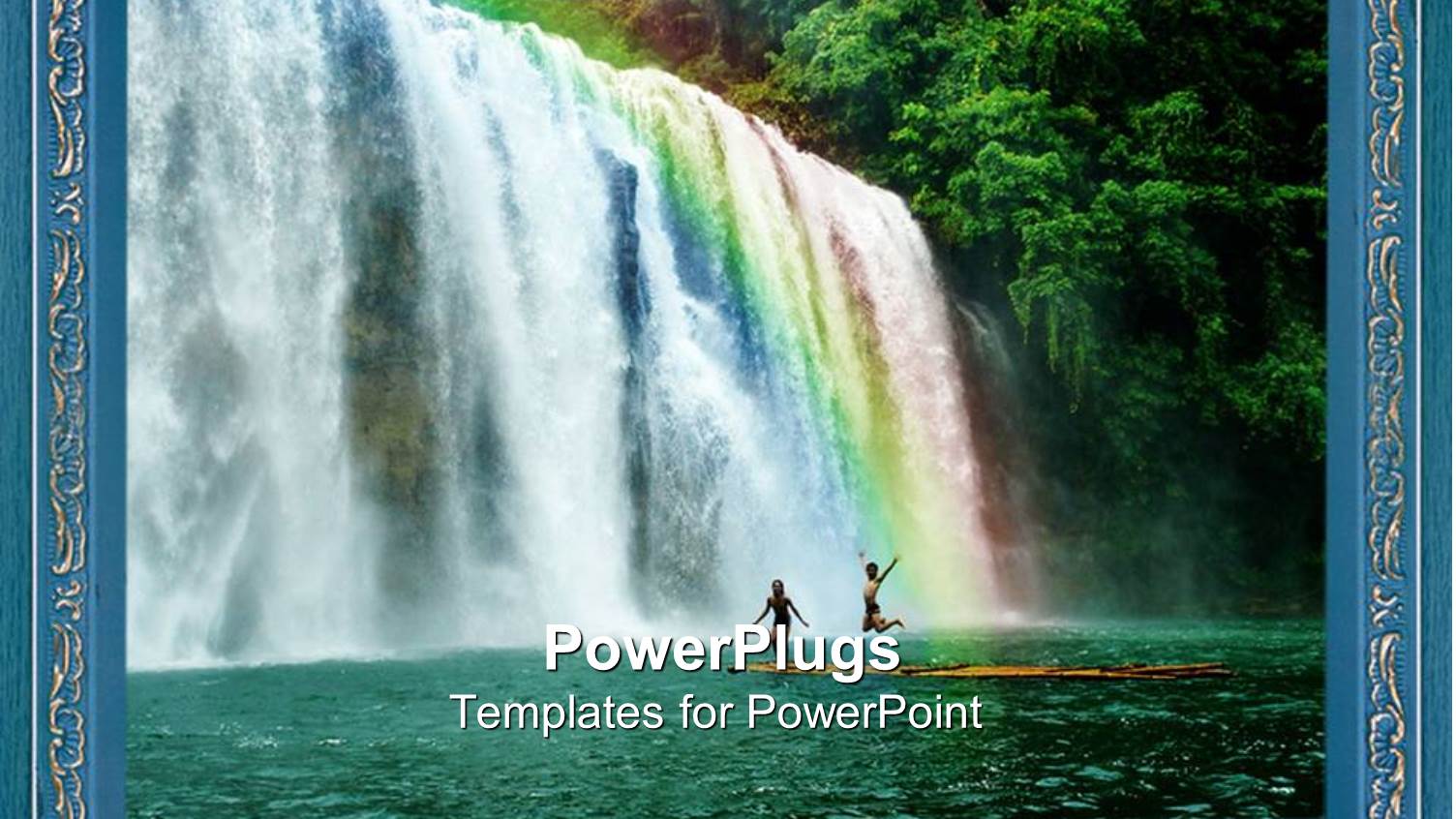 Picture Frame of a Water Fall with People Playing