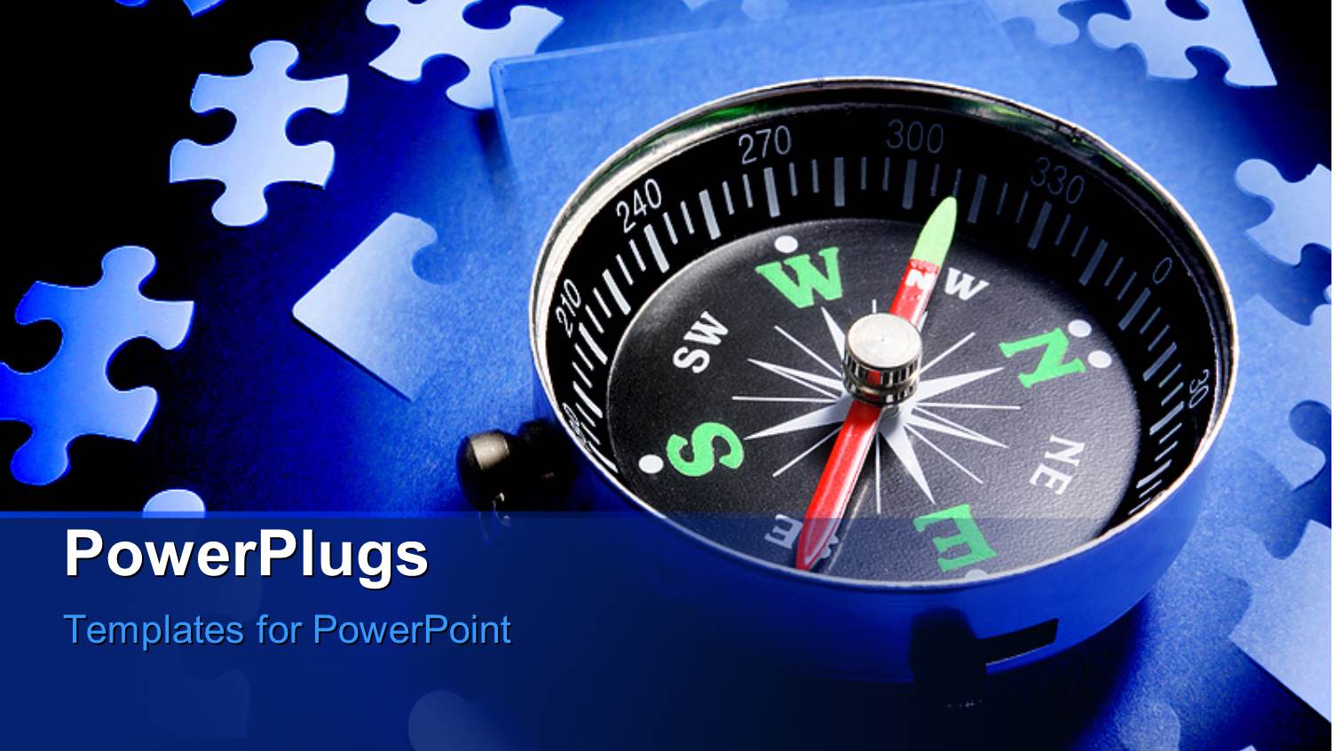 Pieces of Jigsaw Puzzle on Blue Surface with Compass