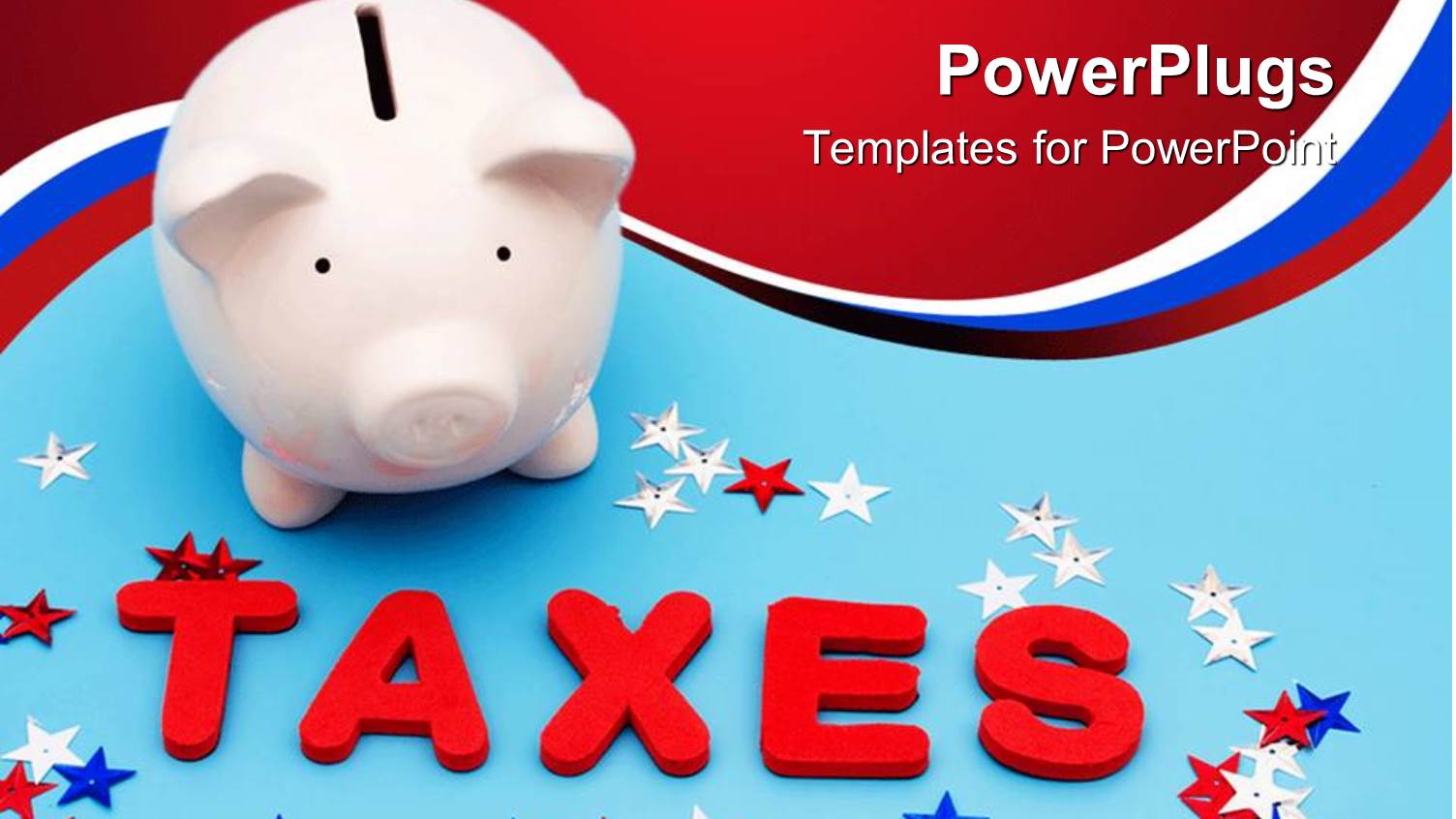 Piggy Bank on Background Written TAXES with Multiple Colored Stars