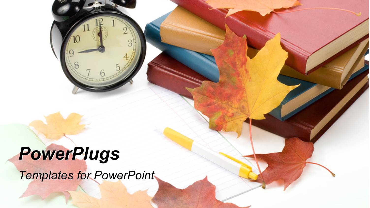 Pile of Books, Alarm Clock and Autumn Leaves on White