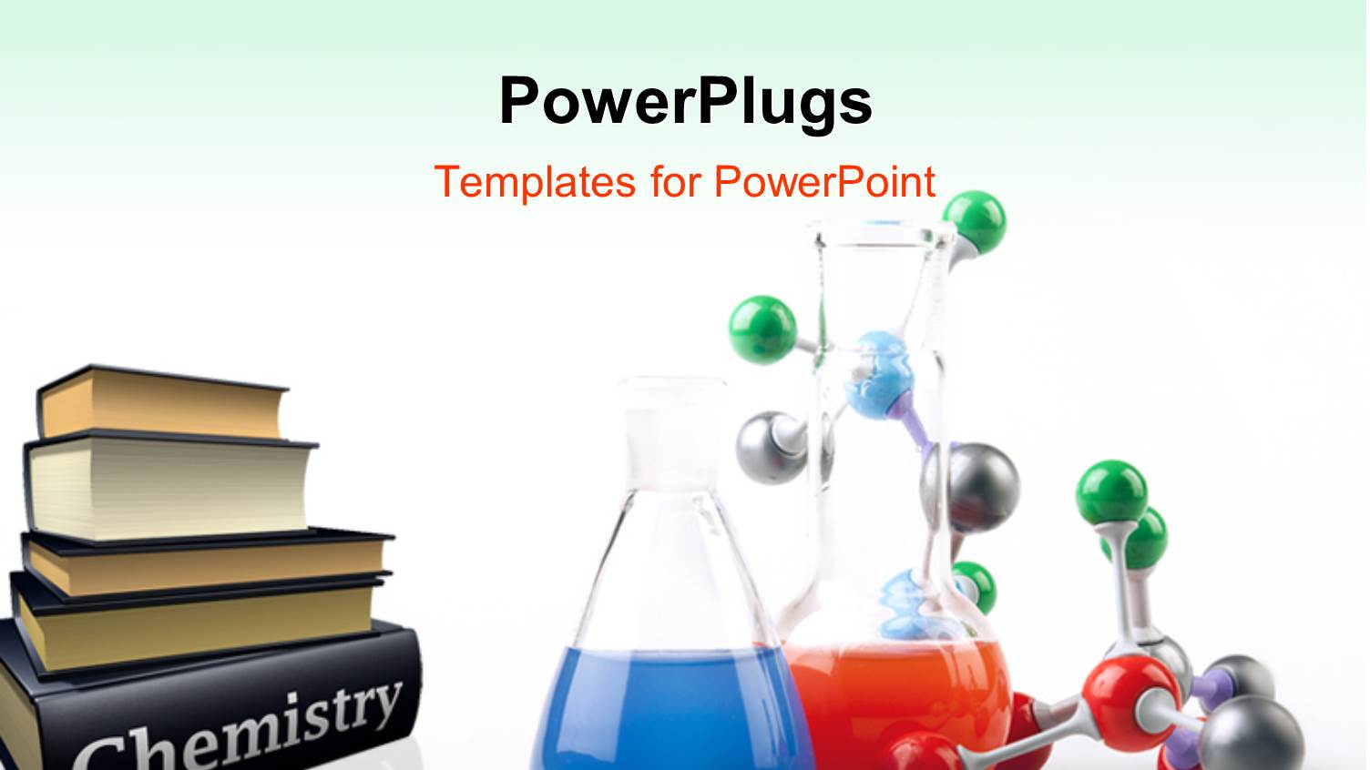 Pile of Chemistry Textbooks with Colored Solutions in Beaker and Molecular Chain