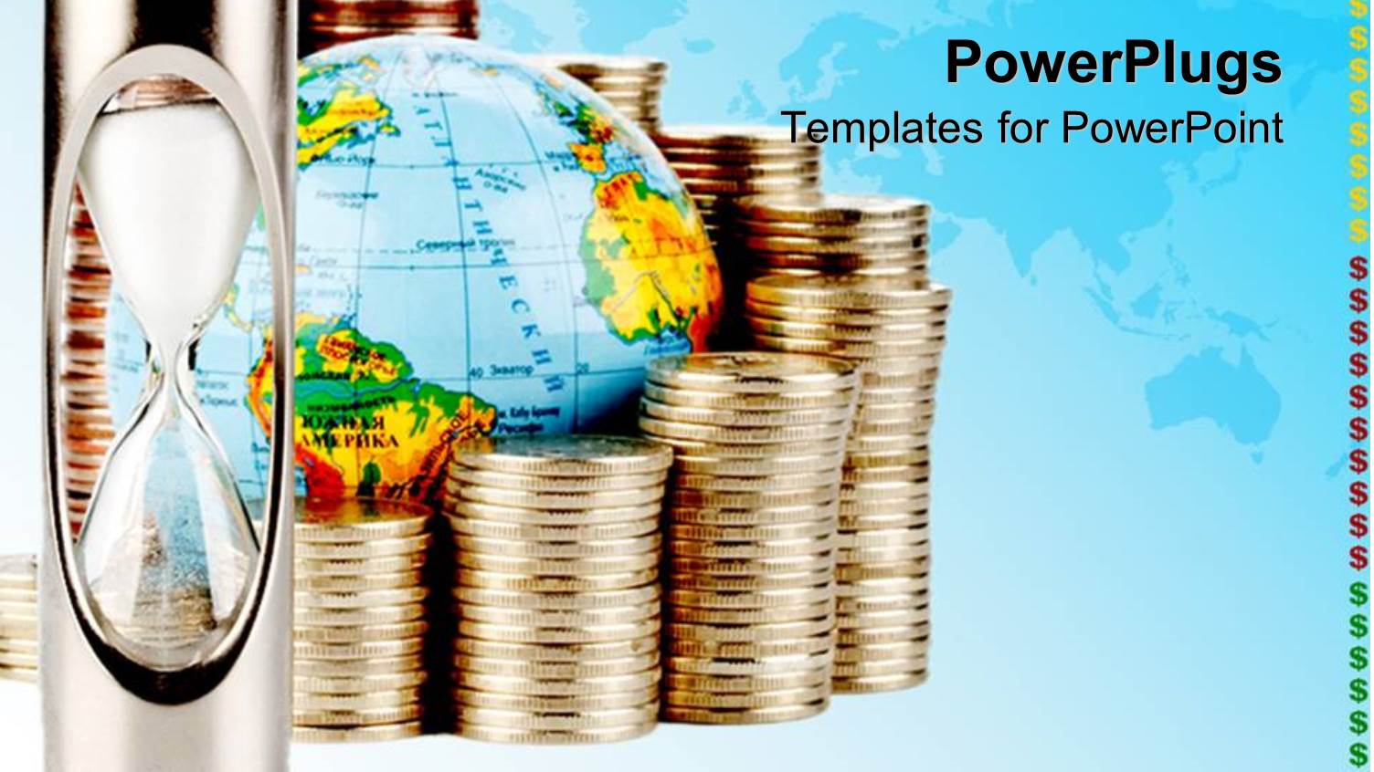 Pile of Gold Coin Around Globe with Hour Glass on Blue Surface