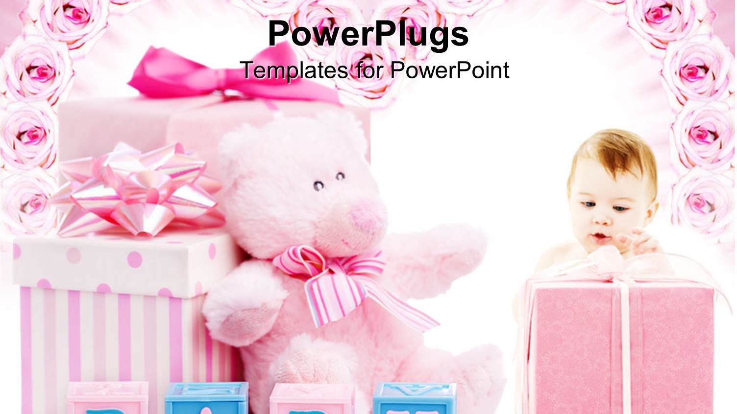 Pink Baby Shower Gifts for Girl, Blocks, Teddy Bear, Roses
