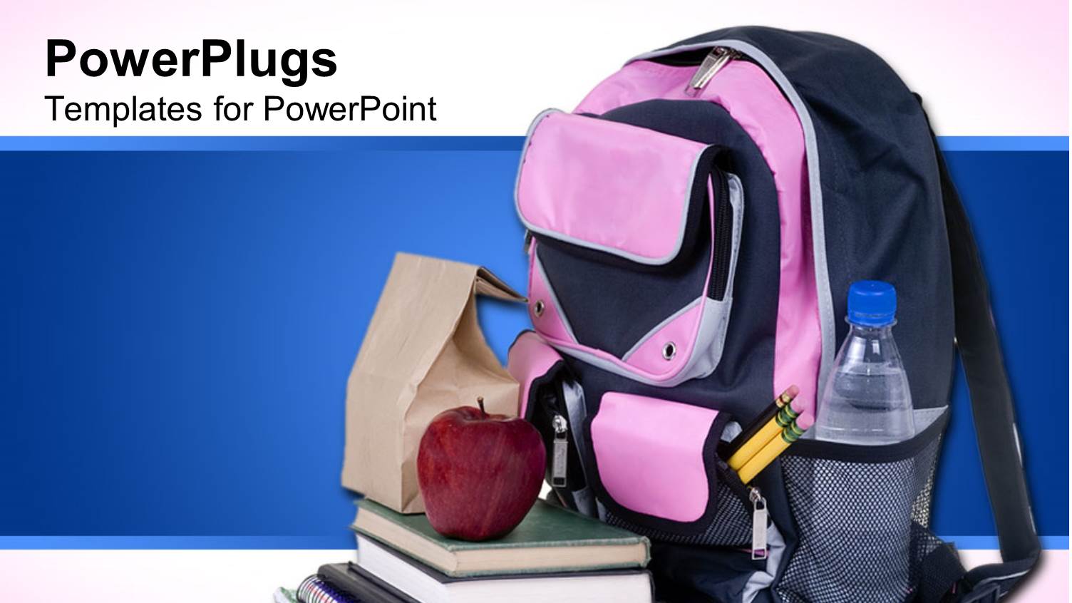 Pink and Black Backpack with Water Bottle and Pencils Next to Sack Lunch on Stack of Books
