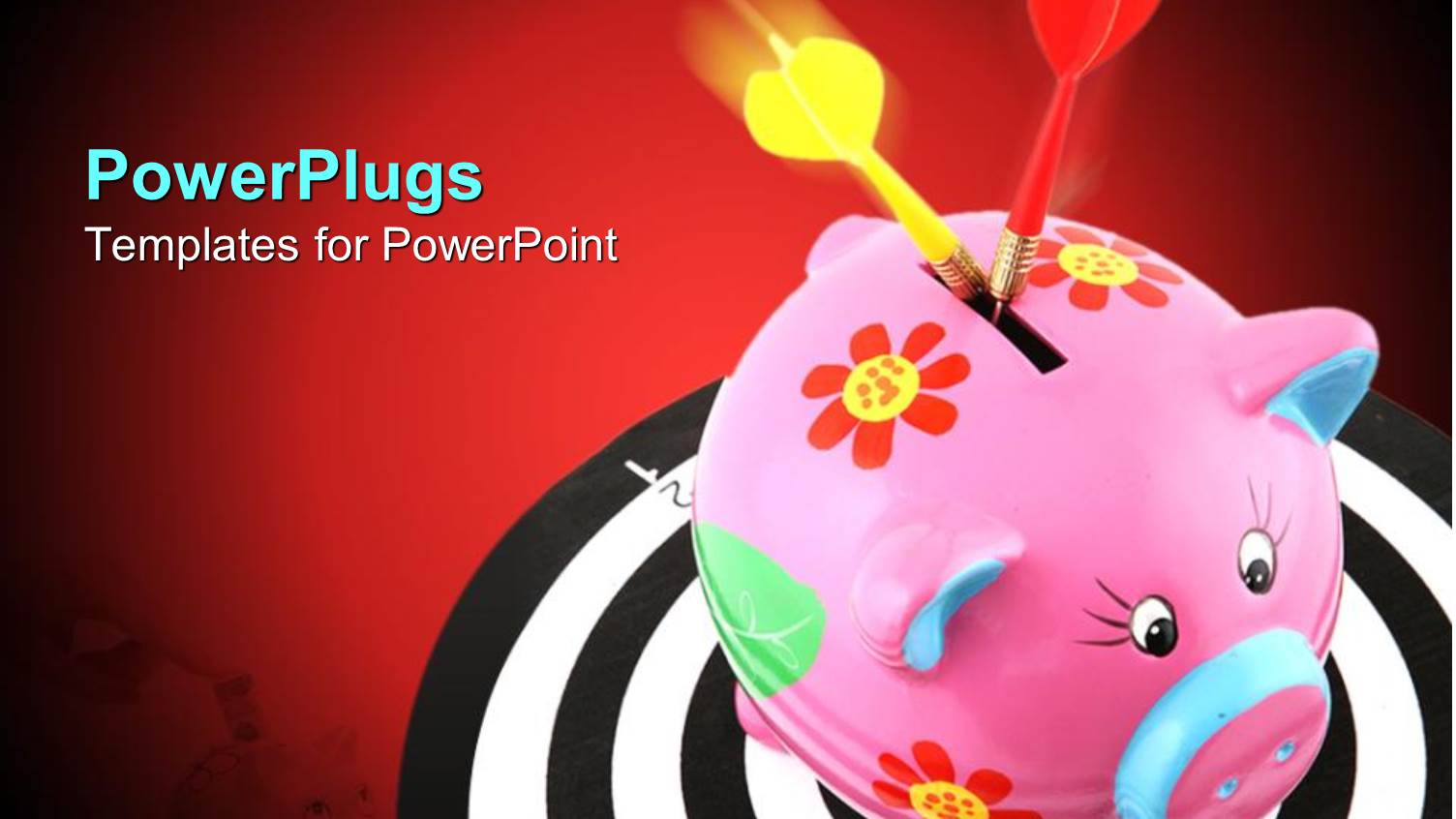 a Pink Colored Piggy Bank with Two Red and Yellow Darts in it