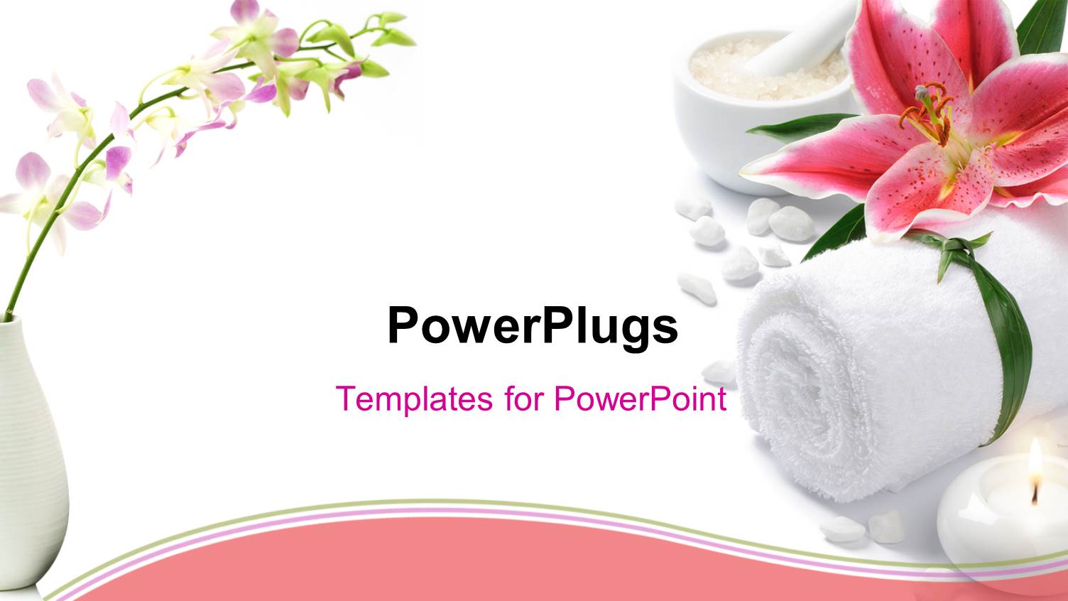 Pink Lily with Towel, Tea Light Candle, and Dish of Bath Salt on White Background