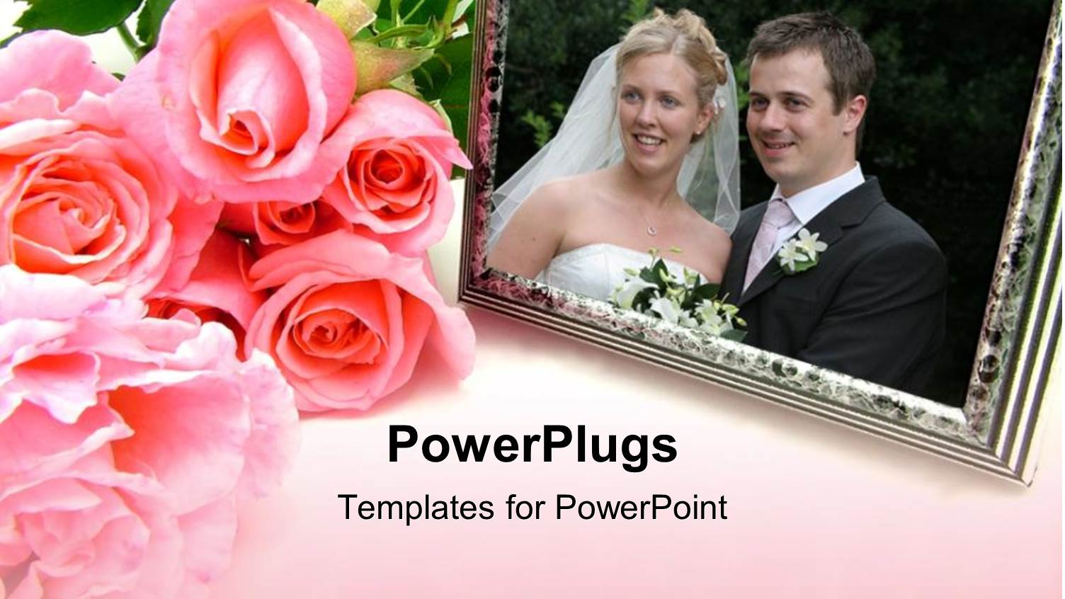 Pink Rose Bouquet Next to Wedding Photo in Silver Frame