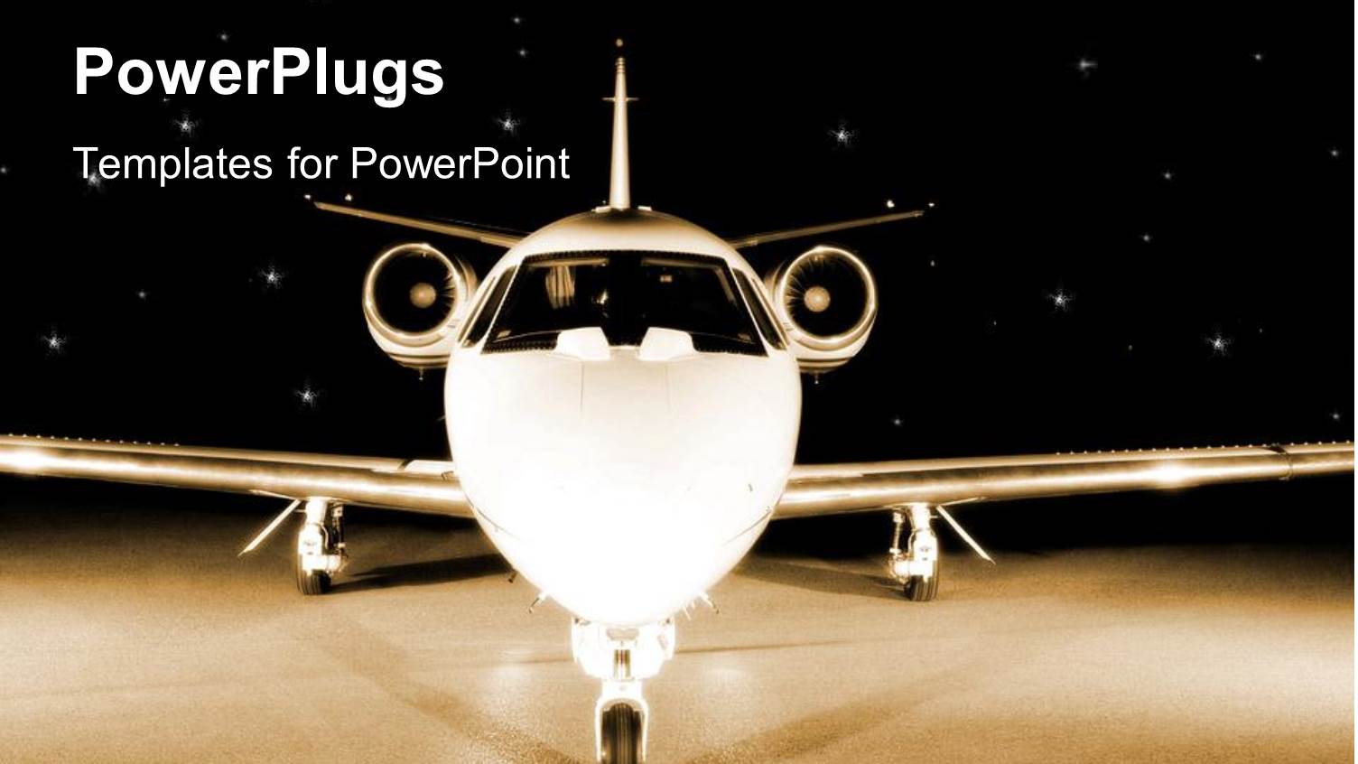 Plane View from the Front, Frontal Depiction of Plane, Corporate Jet on Starry Sky Black Background