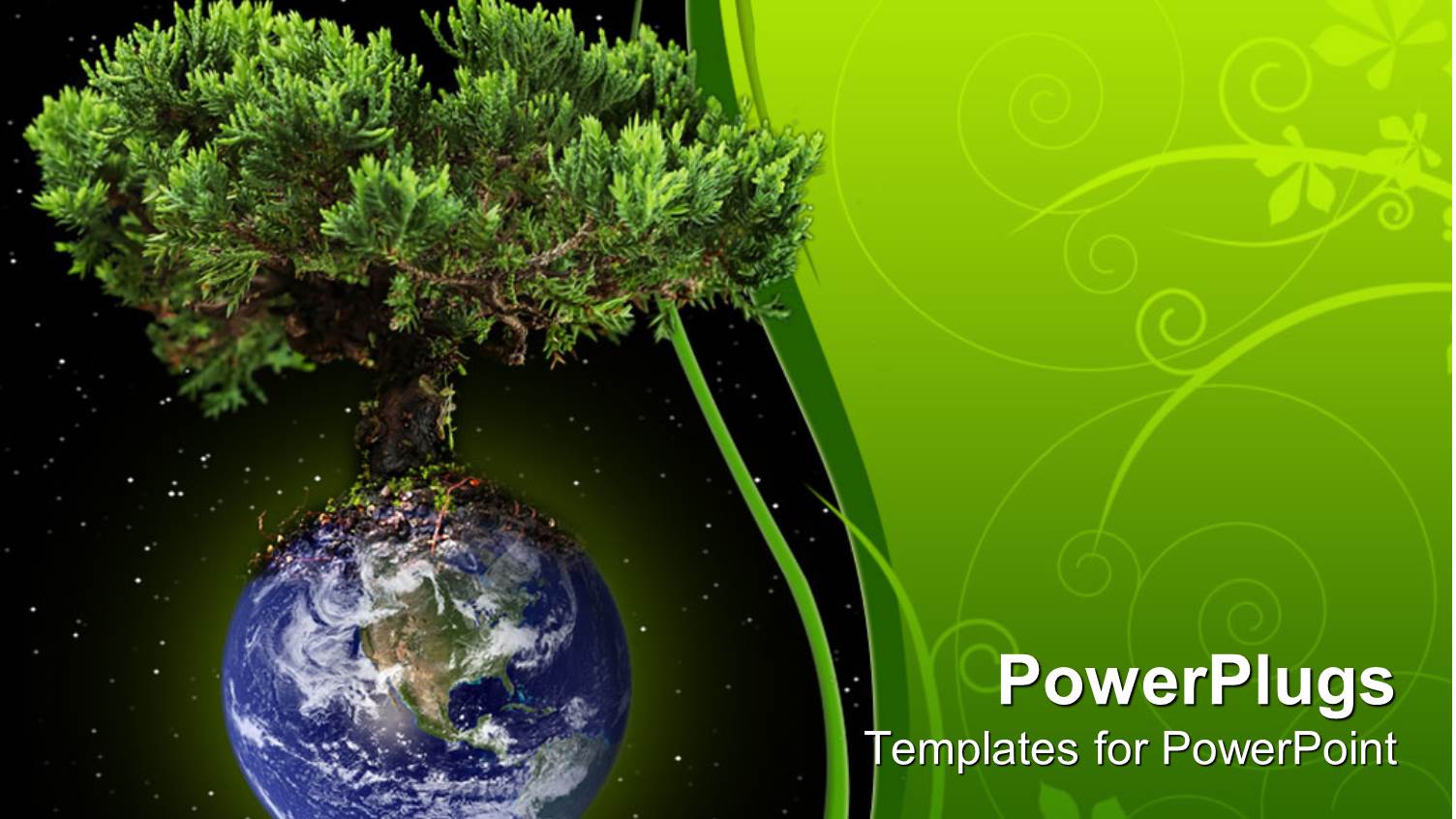 Planet Earth with Growing large Tree on Top of Globe on Starry Sky and Abstract Floral Background Green and Black