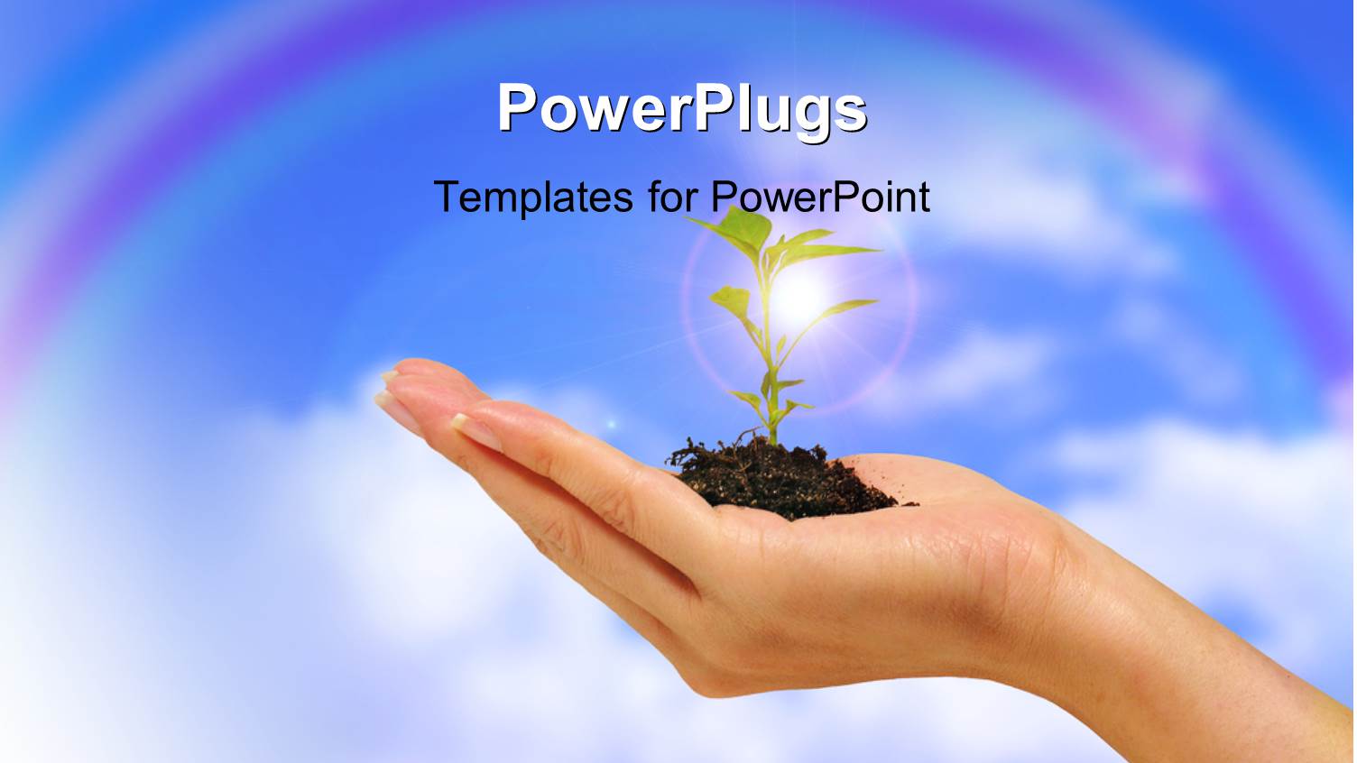 Plant Sprouting from Earth in Human Hand Over Cloudy Sky