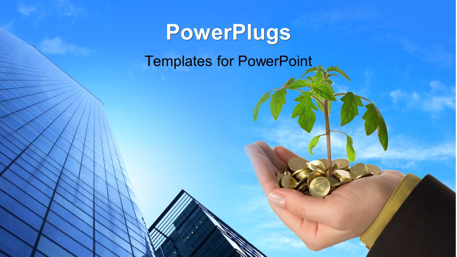 Plant Sprouting from Gold Coins in Mans Hand Over Cloudy Sky