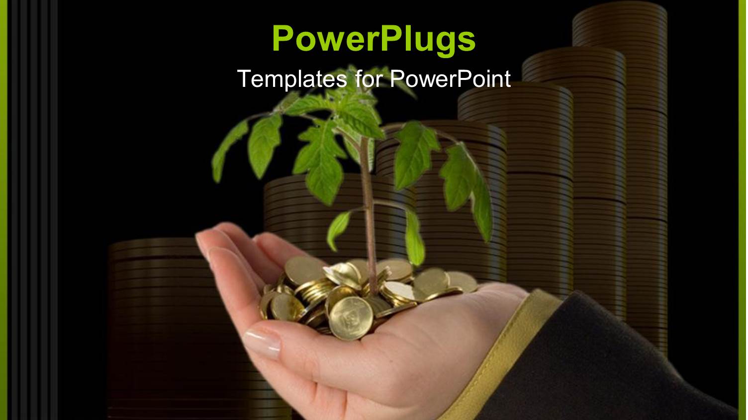 Plant Sprouting Out from Golden Coins in Hand with Coin Stacks in Background