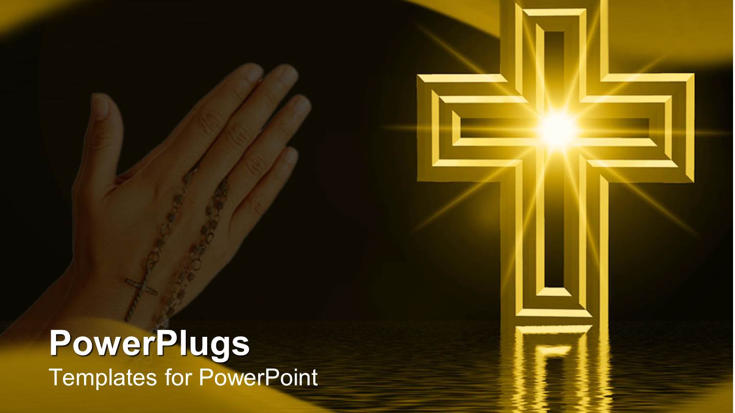 Praying Hands with Rosary Next to Gold Cross Reflected on Water with Star in Center