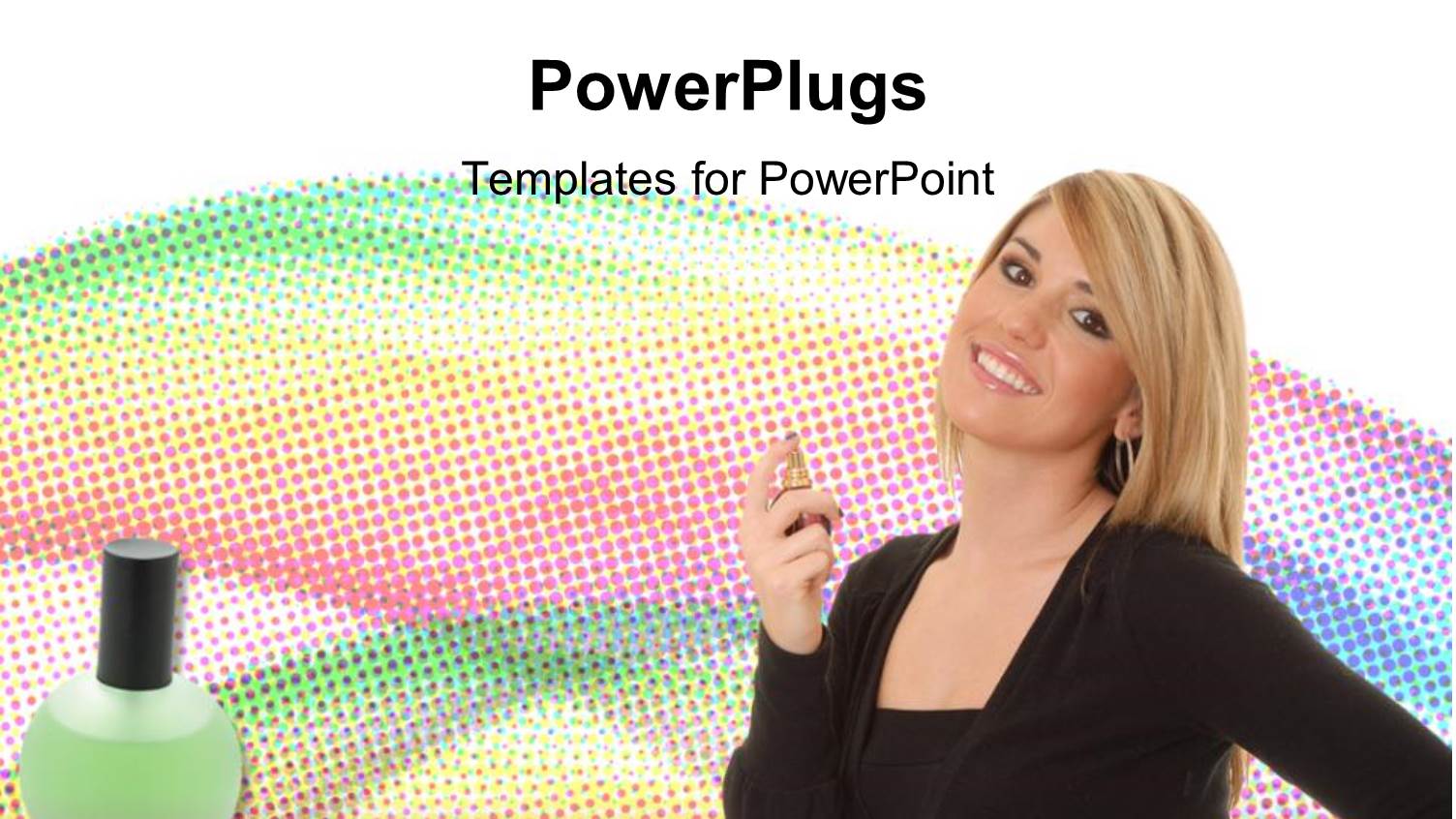 Pretty Adult Female on Black Outfit Smiling with a Bottle of Perfume