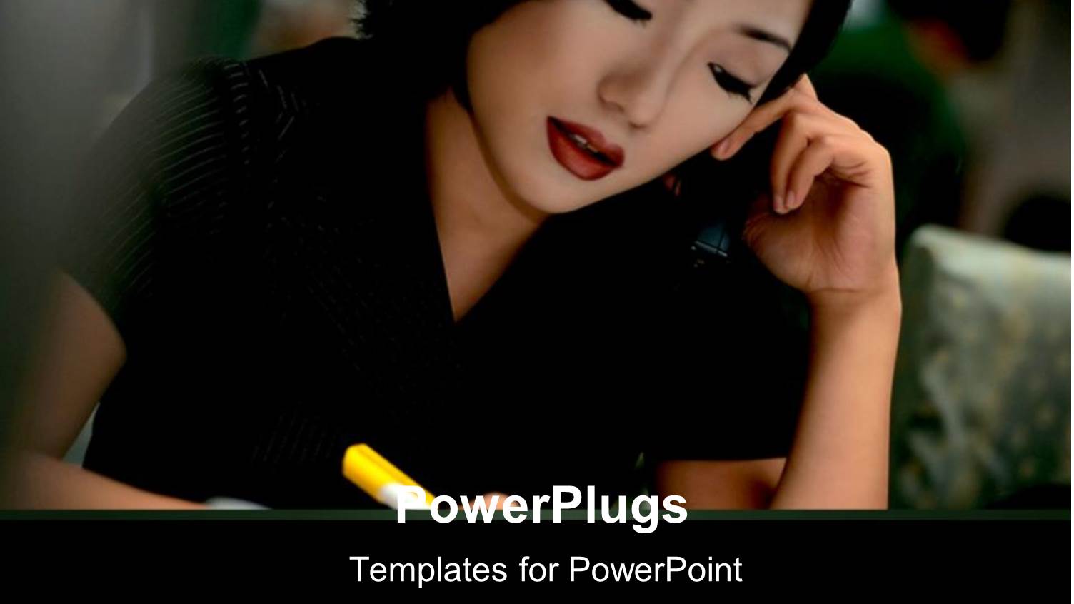 Pretty Adult Female on Black Outfit Holding a Pen