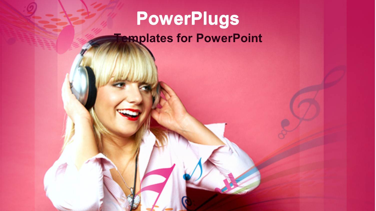 a Pretty Blond Lady Wearing Headphones on a Pink Background