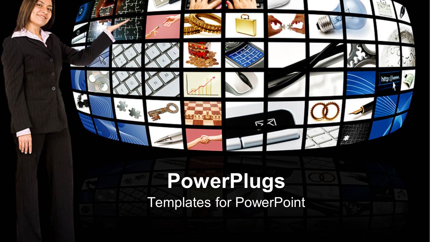 Pretty Business Woman Pointing to Lots of Tiles with Business Themes