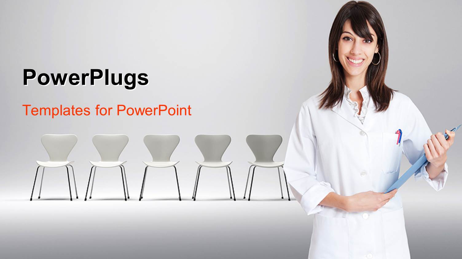 Pretty Female Doctor in White Robe with Lots of Chairs