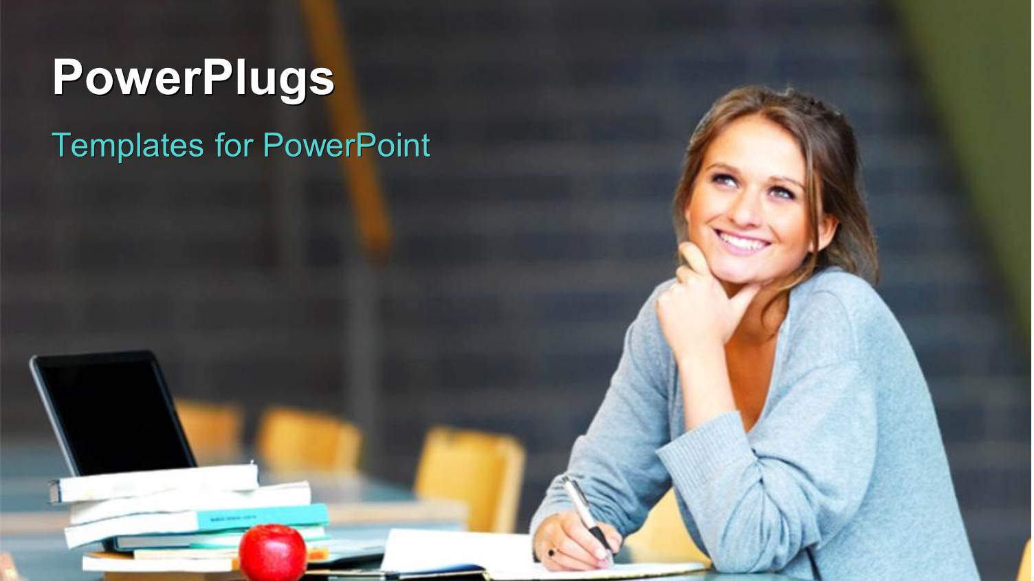 a Pretty Female Student Smiling Wiith an Open Laptop and Books