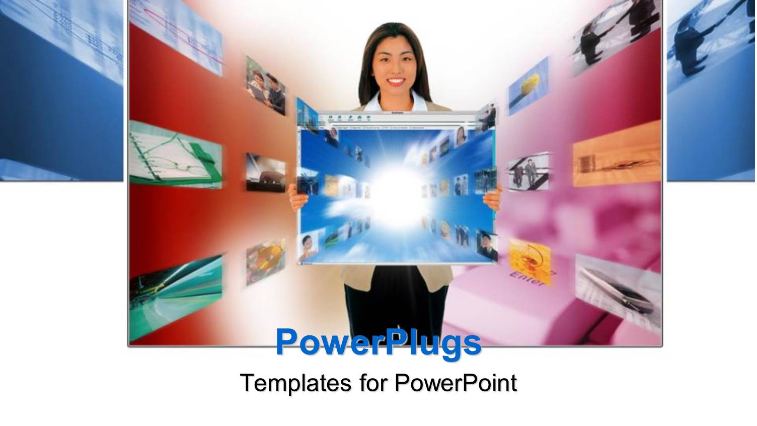 a Pretty Lady Holding a Graphic Screen on a Blurry Background