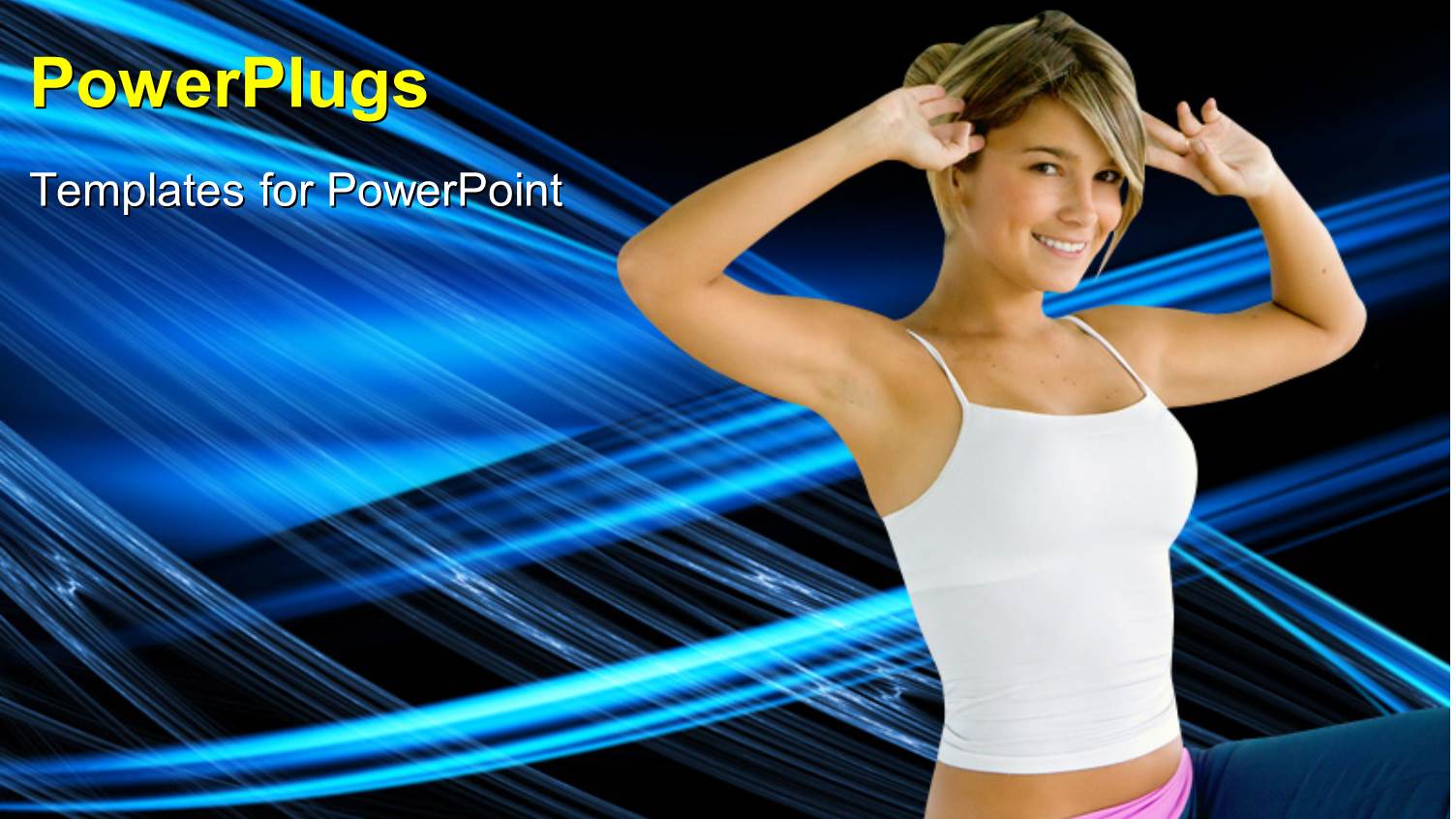 a Pretty Lady Practicing Aerobics on a Blue Background