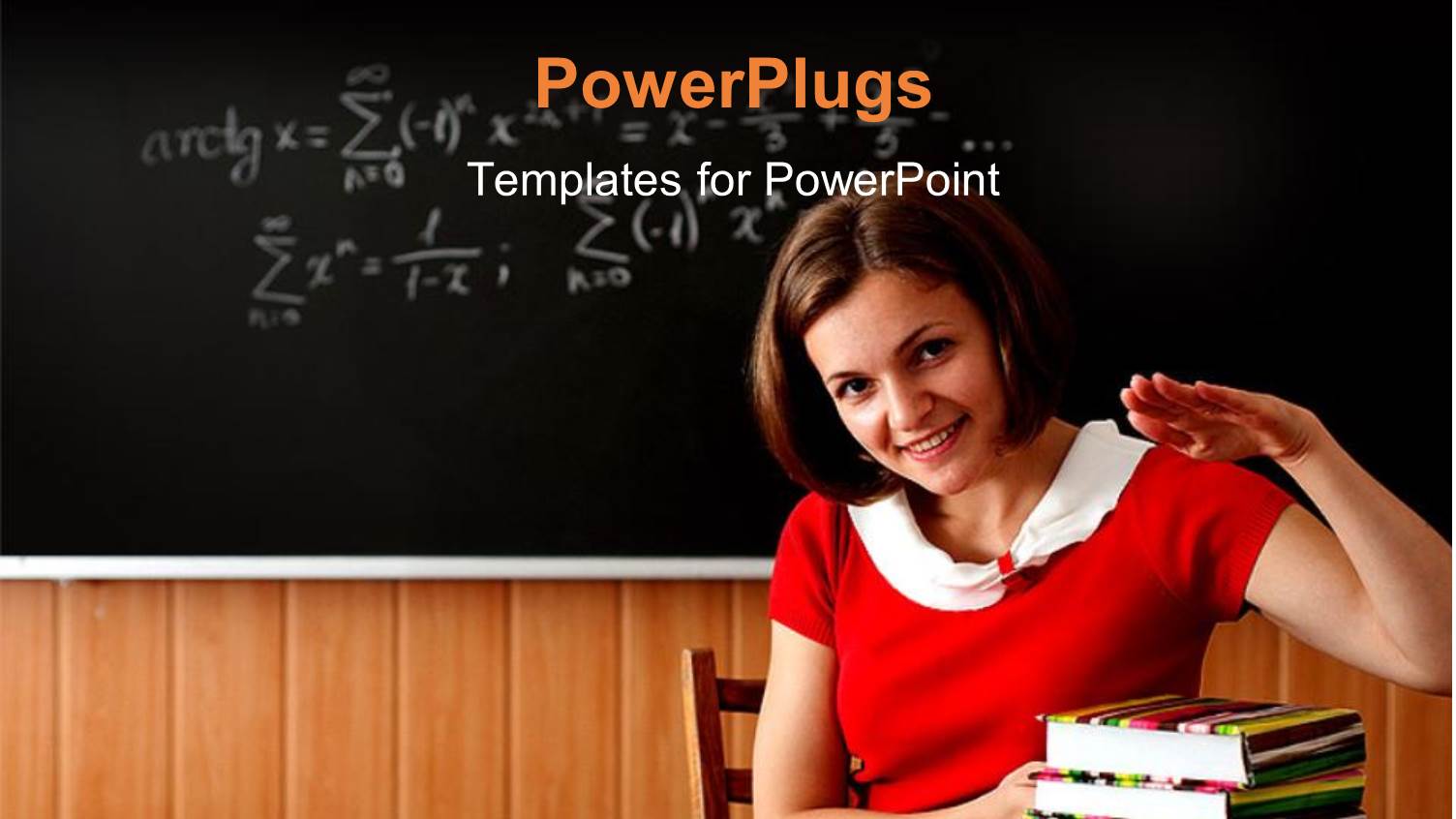 a Pretty Lady on Red Smiling with some Books in Front of her