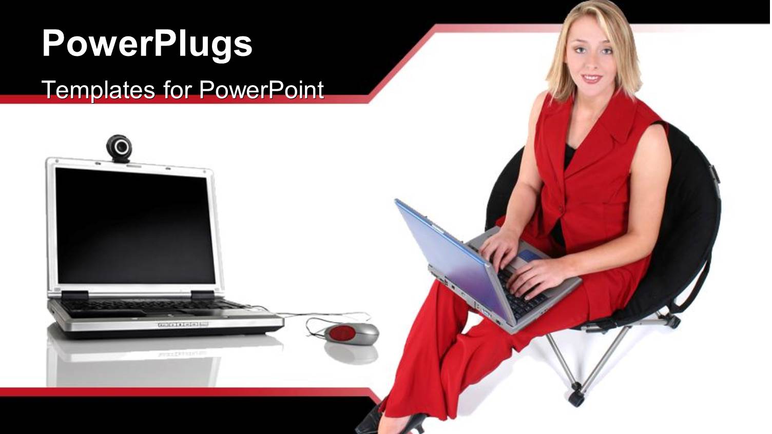 Pretty Smiling Female in Red Outfit with Two Open Laptops