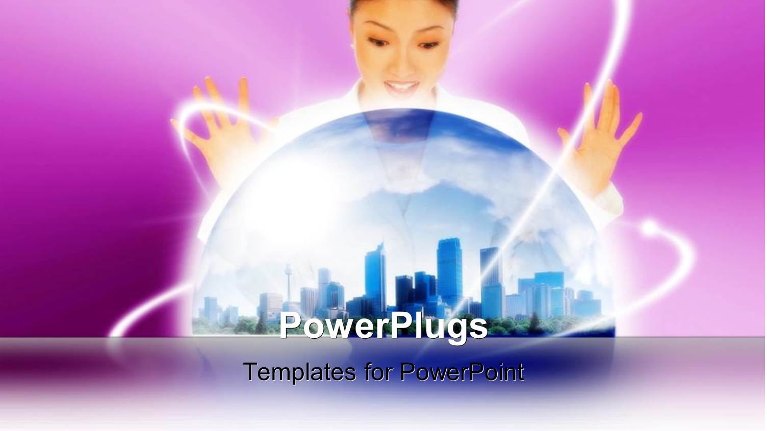 a Pretty Smiling Lady with her Hands Open Over a Globe