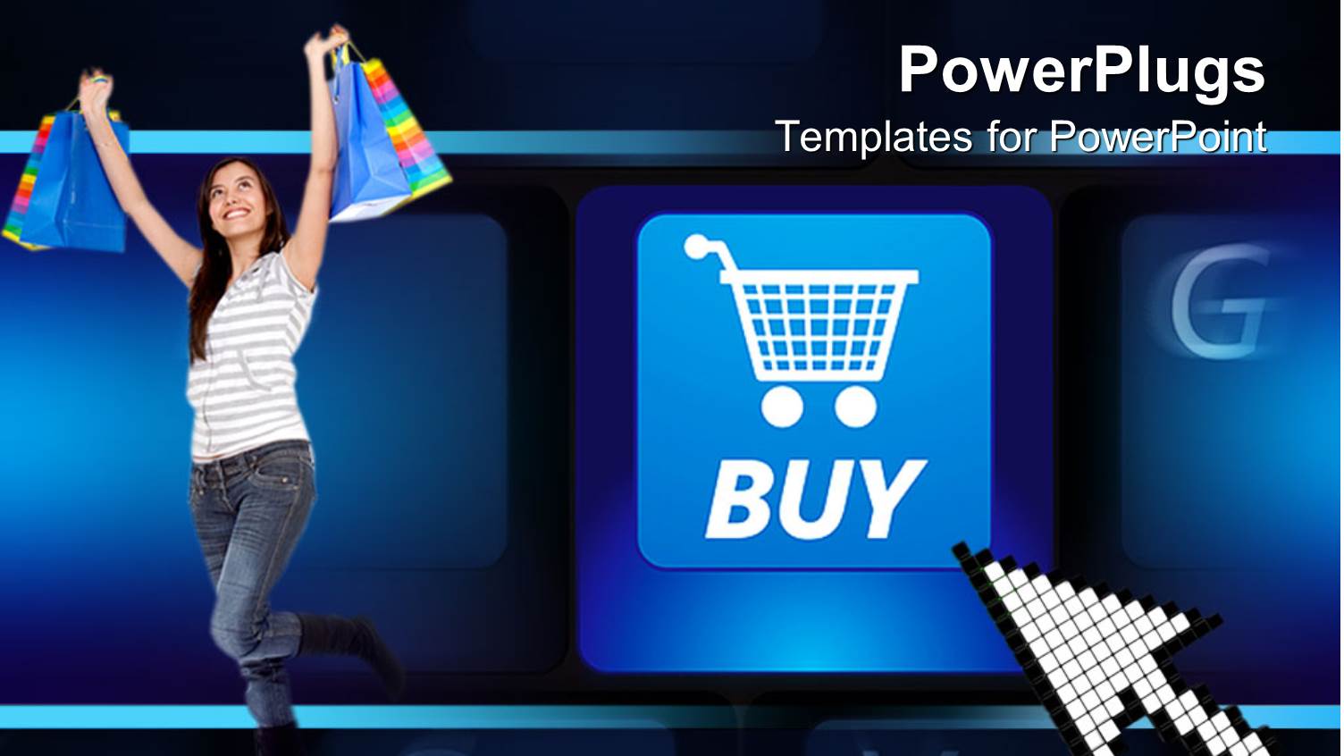 a Pretty Smiling Lady Holding Up Shopping Bags with a Keyboard Background