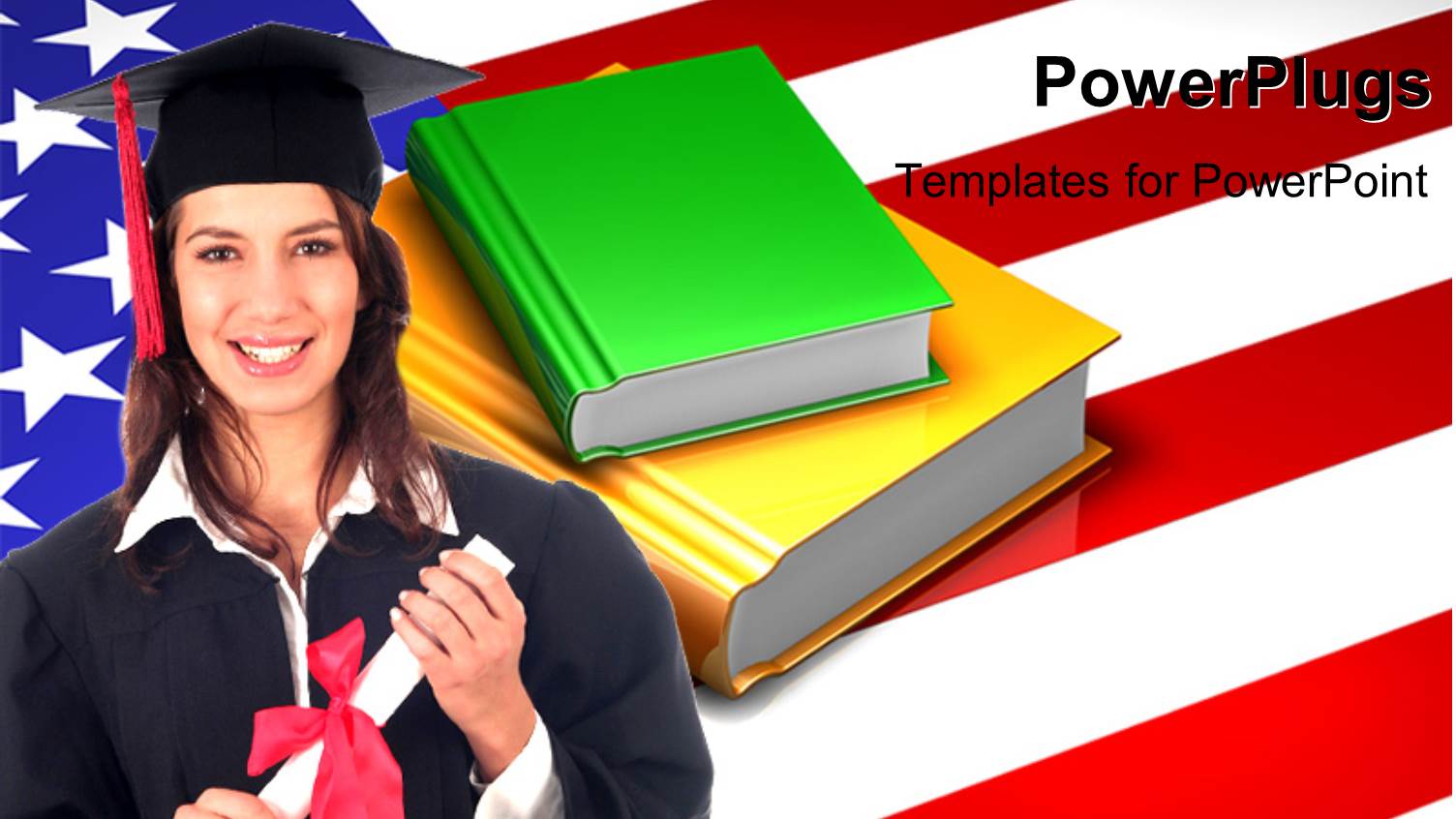 a Pretty Smiling Lady Wearing an Graduation Gown with the USA Flag Behind her