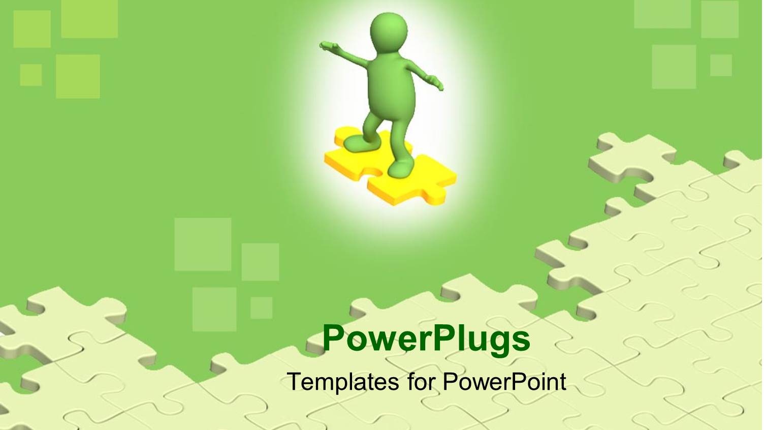 Problem Solving Metaphor with Green Man Sliding on Yellow Puzzle Piece Toward Jigsaw Puzzle