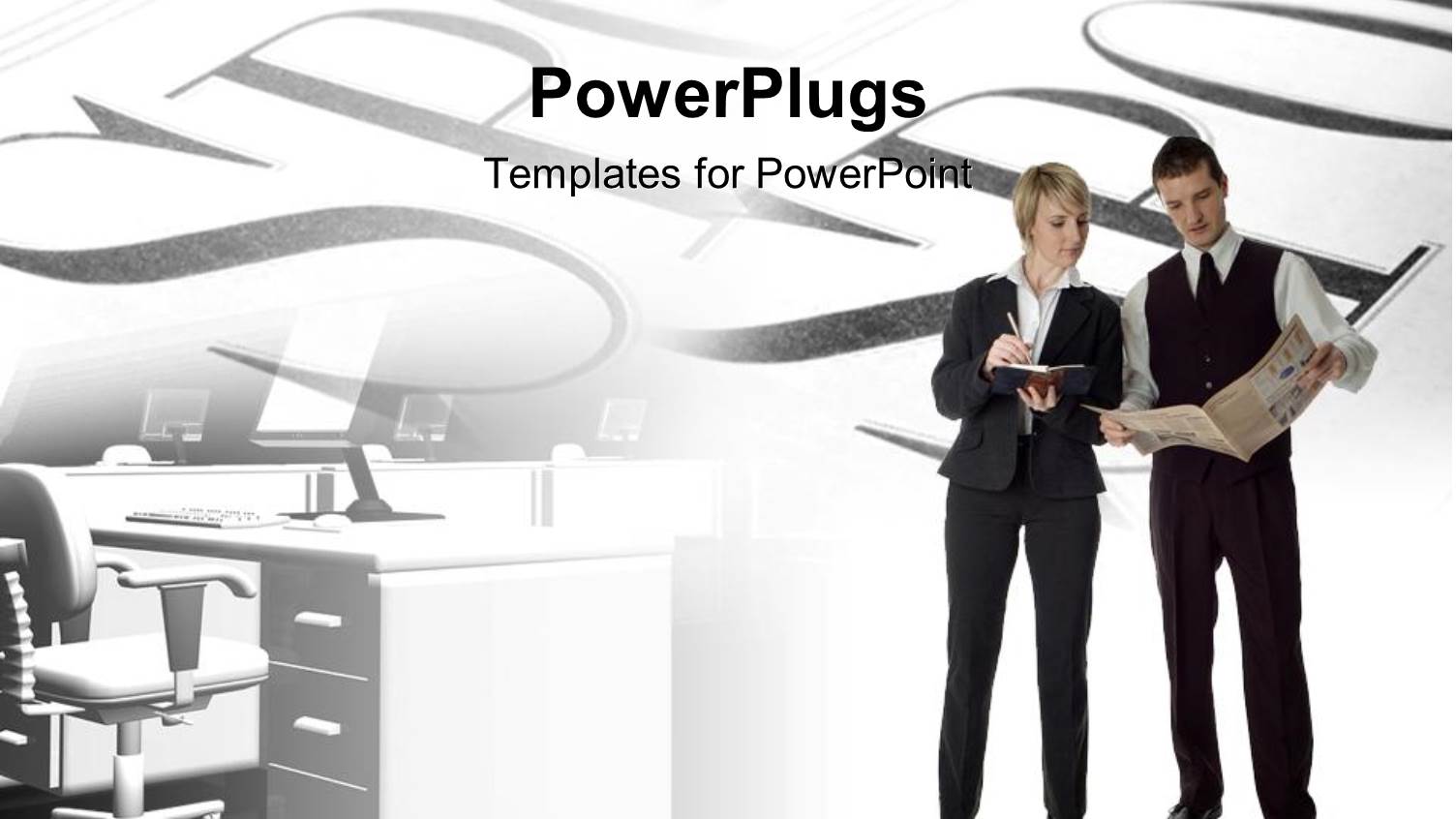 a Professional Male and Female with Words in the Background