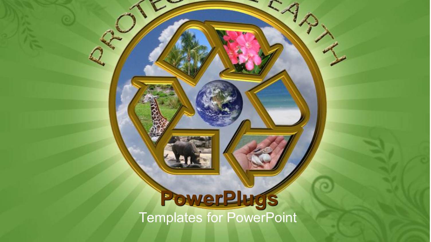 Protect the Earth with Recycle Symbol Animals, Trees, Flowers and Earth, Green Background