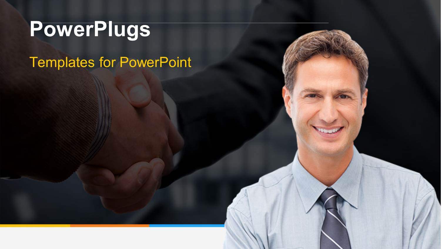 Proud Businessman Posing in Front and Handshake in Background