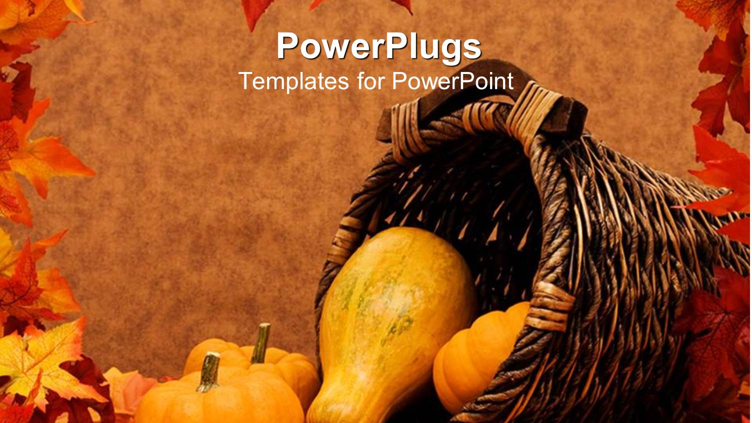 Pumpkins and Gourds Falling Out a Basket on Brown Background with Frame of Autumn Leaves, Fall Harvest Scenery