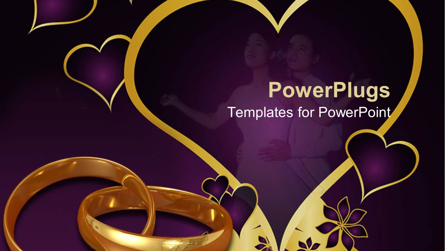Purple Background with Love Symbols Gold Rings, and Two Lovers