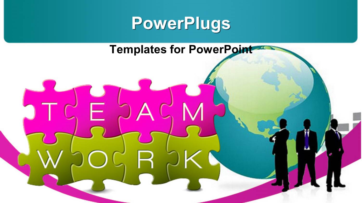 Puzzle with the Keyword Teamwork with Silhouettes of Business People Standing Near 3D Globe and White Color