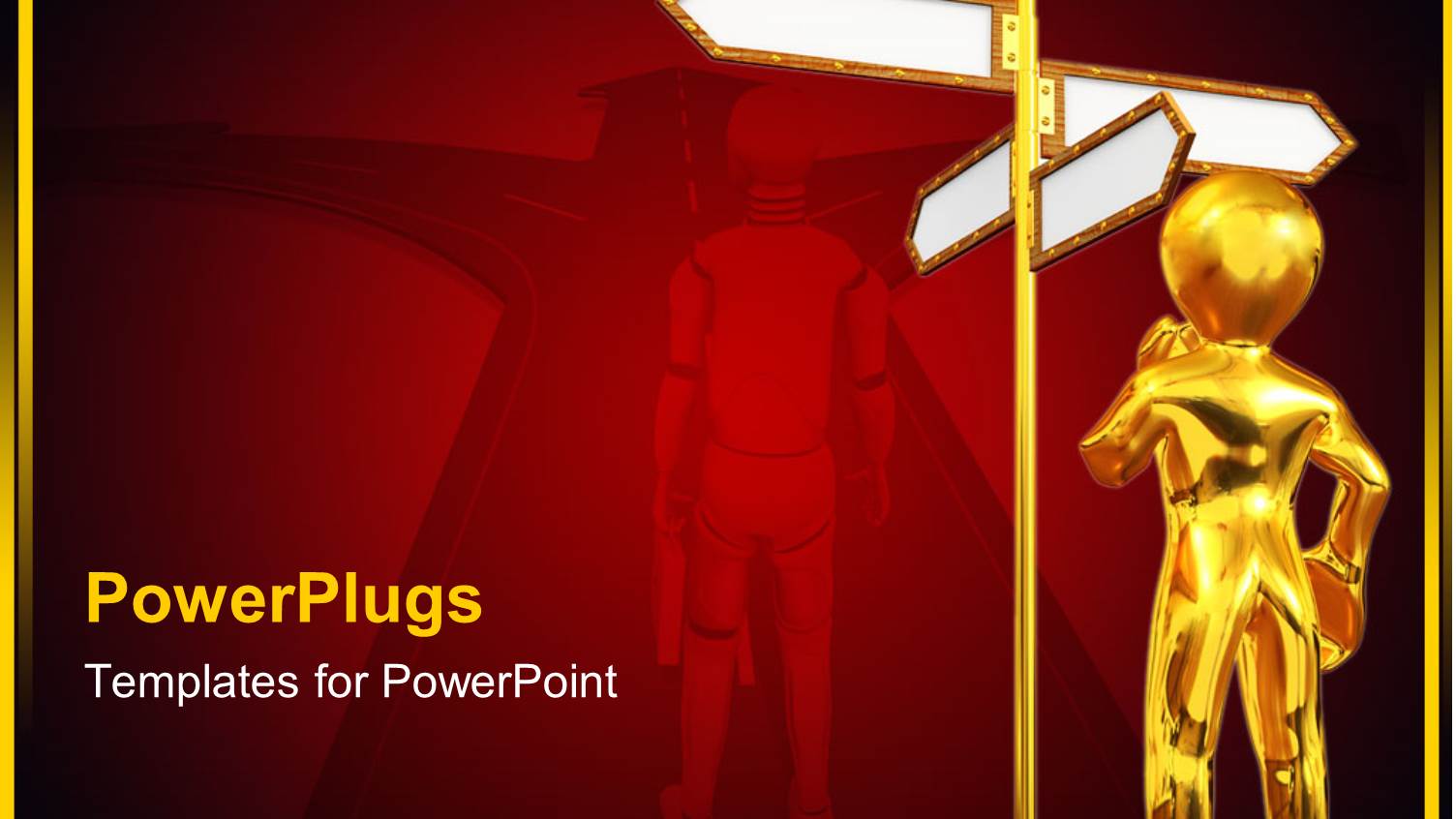 Puzzled Gold Figure Standing Next to Blank Street Signs