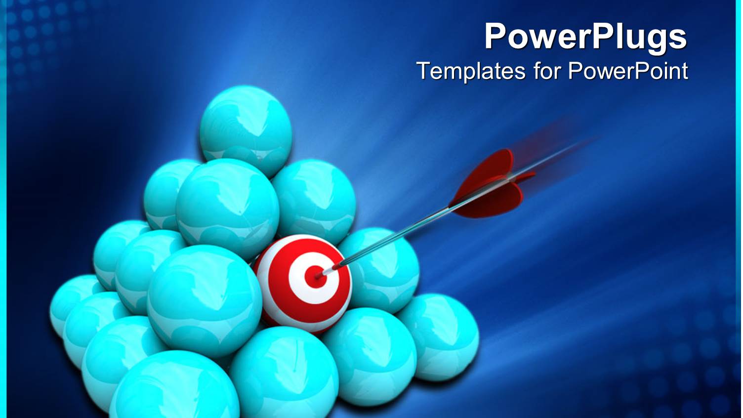 Pyramid of Glossy Blue Spheres with One Sphere with White and Red Target and Dart Pointing the Center of Target