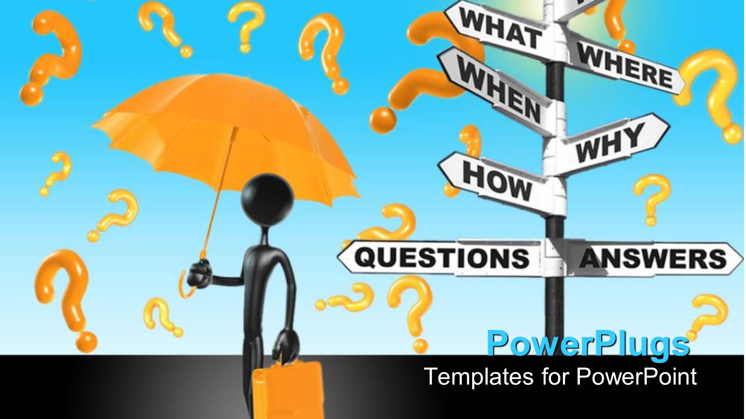 Q and a Metaphor with Sign Post with who what where when why how , Man with Umbrella and Brief Case, Question Marks